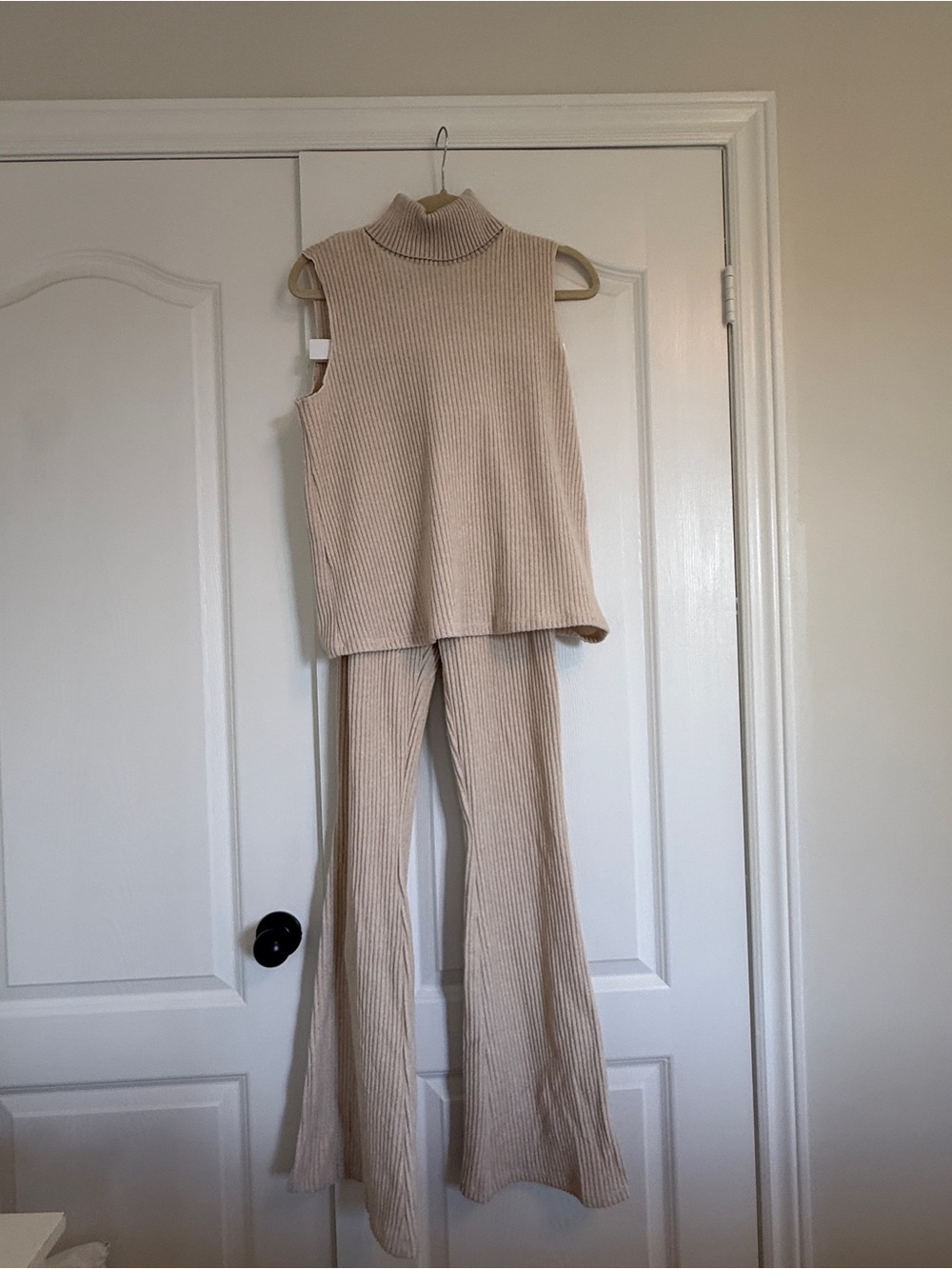 Zara Ribbed Knit Sleeveless Top & Wide Leg Pants Set - Beige